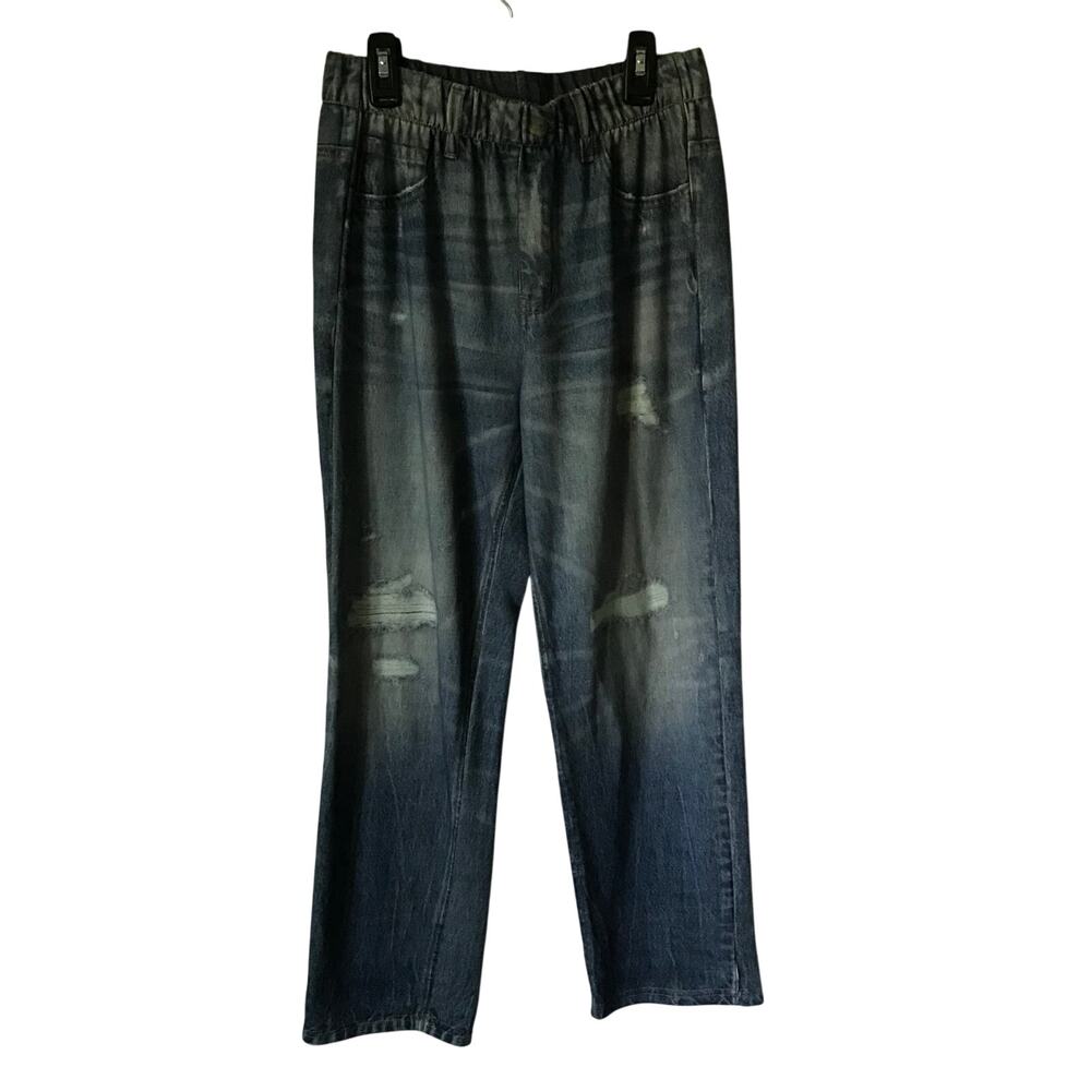 Hue Pants Size Med Womens Distressed Print Faded Light Blue Pull On Jeans Print